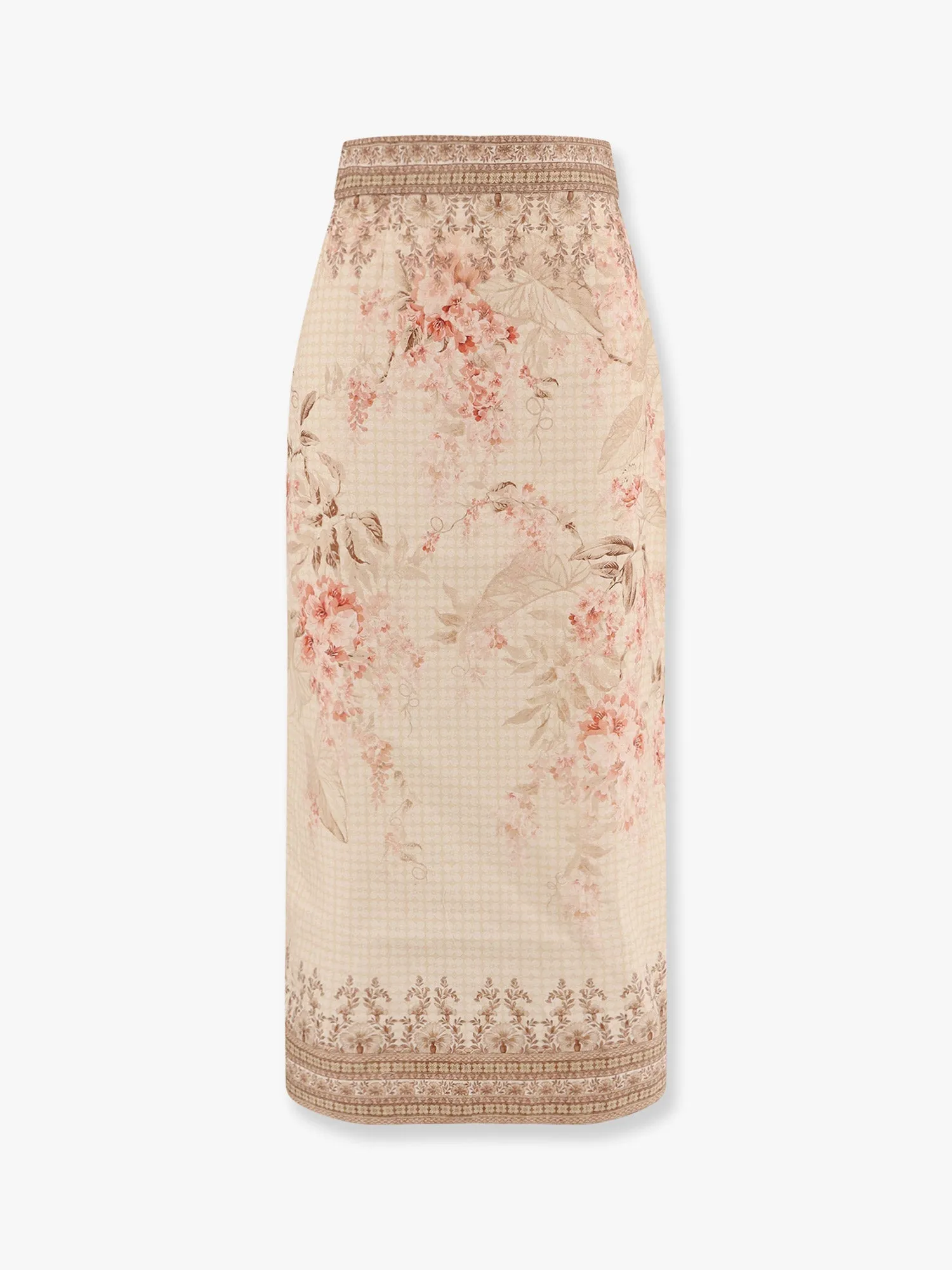 Zimmermann Illuminate Linen Pencil Midi Skirt With Floral Print