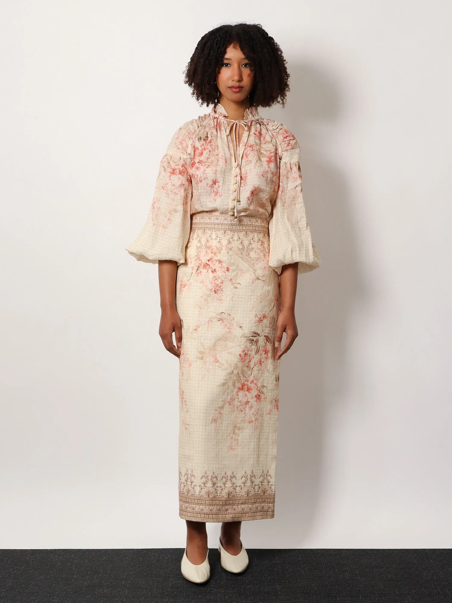 Zimmermann Illuminate Linen Pencil Midi Skirt With Floral Print