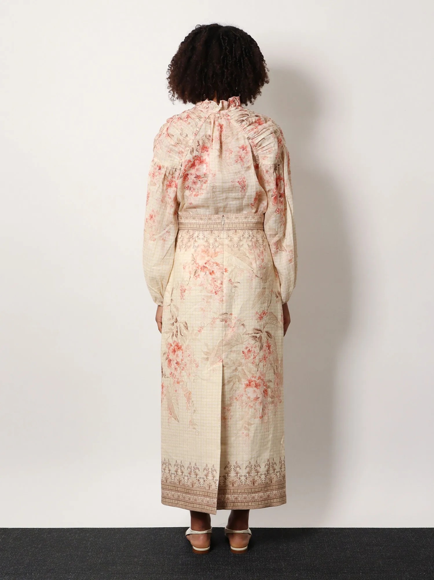 Zimmermann Illuminate Linen Pencil Midi Skirt With Floral Print