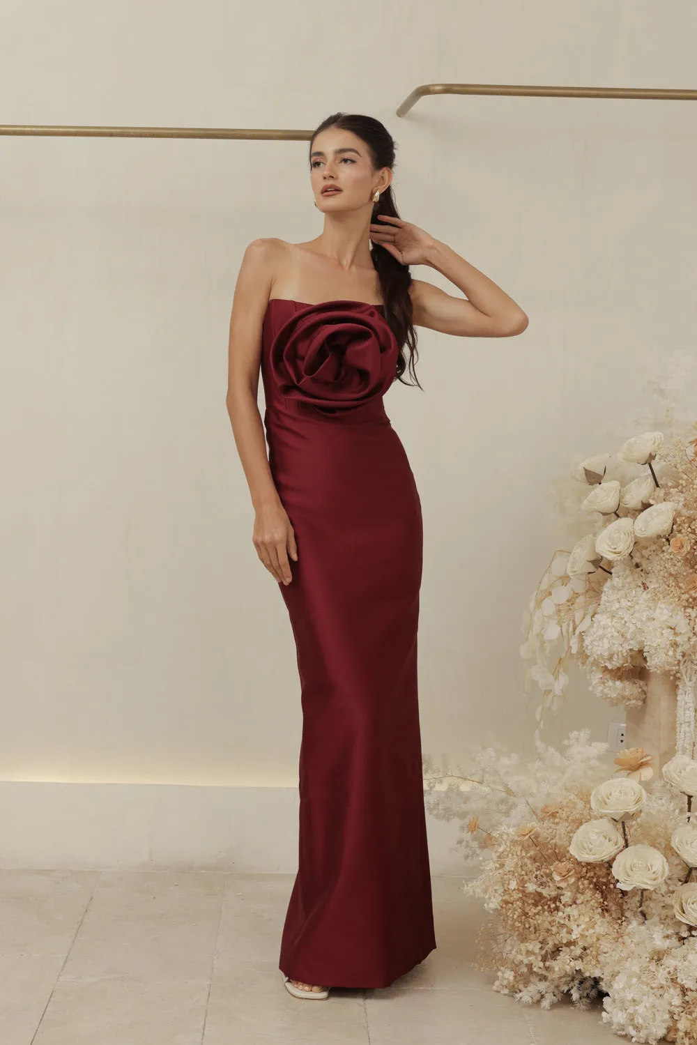 ZOO LABEL COUTURE VIVIENNE GOWN Strapless Corset Pencil Skirt Gown with Oversize Floral Detail (Dark Maroon Gazaar)