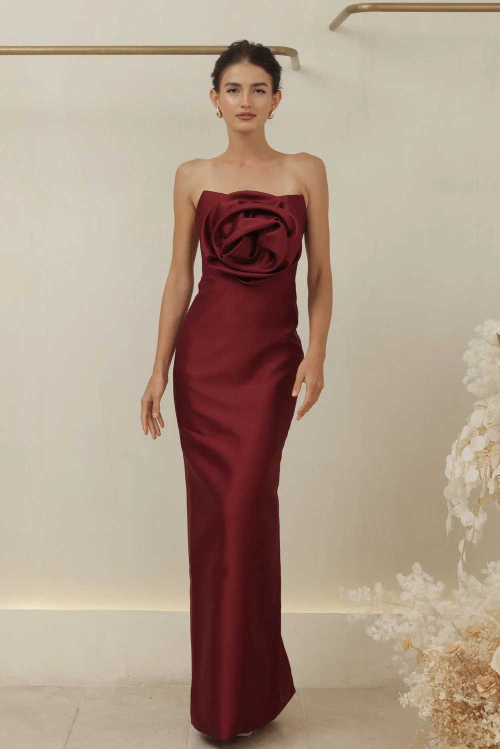ZOO LABEL COUTURE VIVIENNE GOWN Strapless Corset Pencil Skirt Gown with Oversize Floral Detail (Dark Maroon Gazaar)