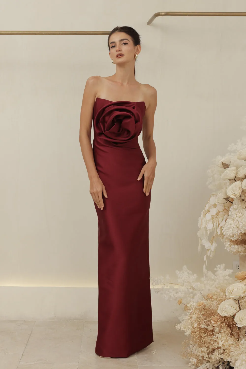ZOO LABEL COUTURE VIVIENNE GOWN Strapless Corset Pencil Skirt Gown with Oversize Floral Detail (Dark Maroon Gazaar)